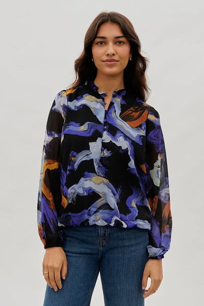 Costa Blanca Marble Print Ruffle Neck Blouse - Black - Womens Shirts & Blouses - Fairweather