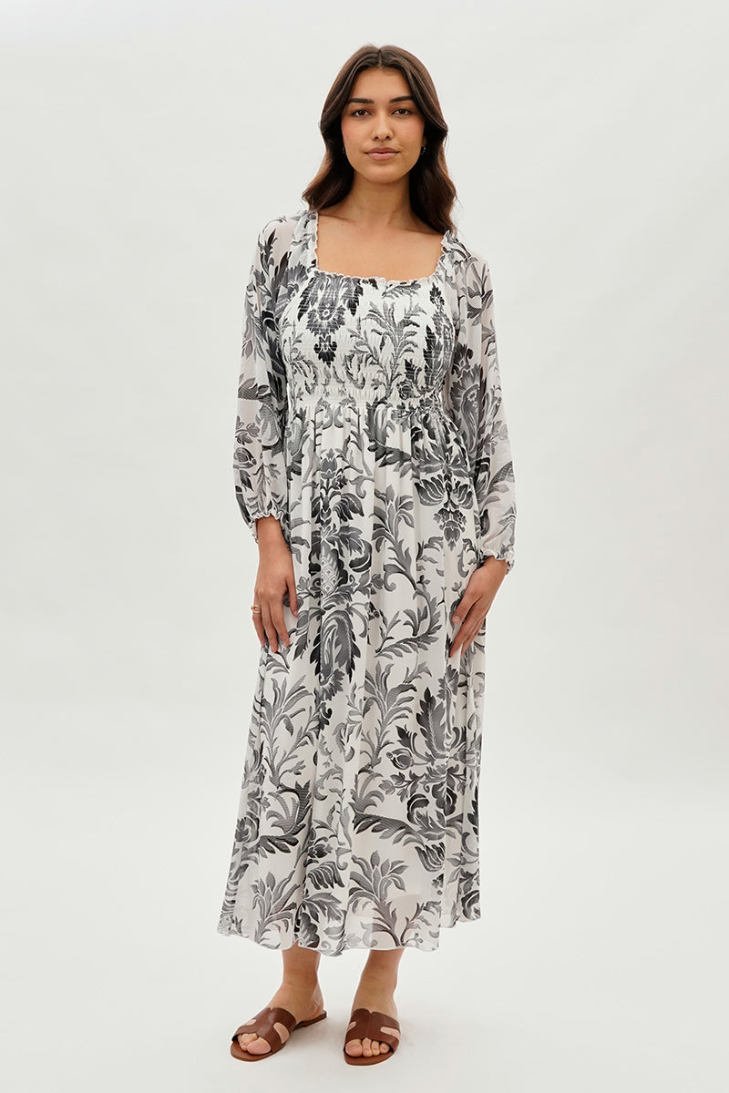 grey and white maxi dress Floral Smocked Long Sleeve Maxi Dress