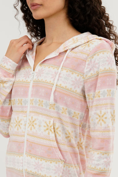Canada Weather Gear Festive Print Fleece Onesie - Blush - Womens Onesies - Fairweather