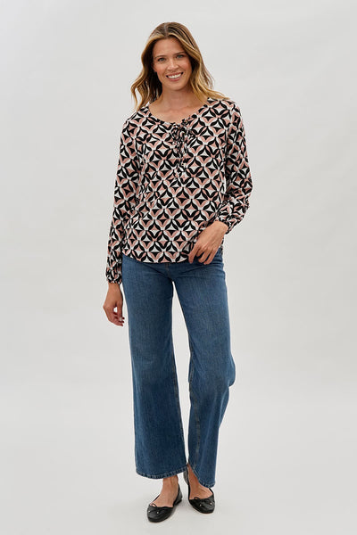 Beechers Brook Patterned Lace Up Blouse - Black - Womens Shirts & Blouses - Fairweather