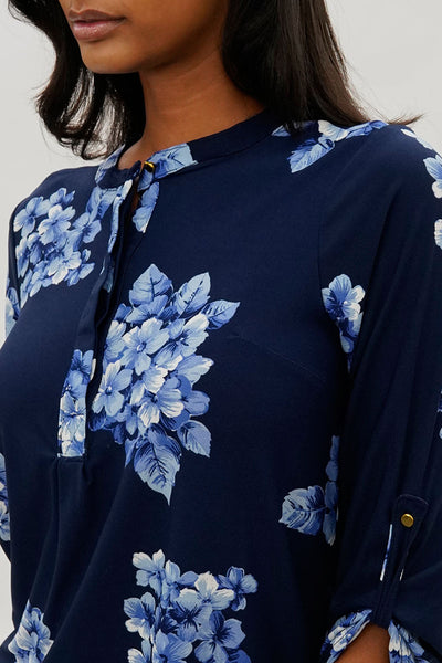 International INC Company Floral Roll Up Sleeve Blouse - Navy - Womens Shirts & Blouses - Fairweather