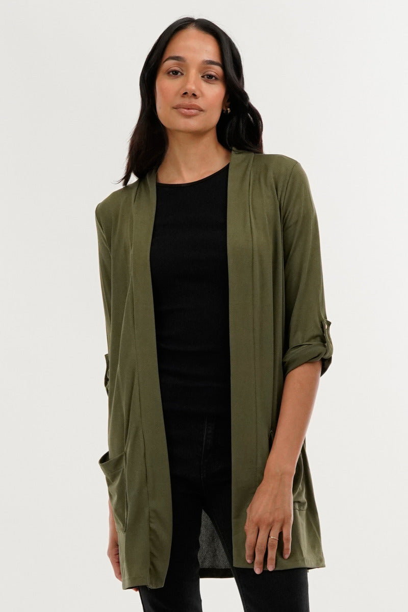 International INC Company Roll Up Sleeve Wrap Cardigan - Olive - Womens Cardigans - Fairweather