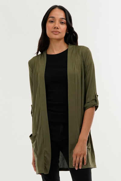 International INC Company Roll Up Sleeve Wrap Cardigan - Olive - Womens Cardigans - Fairweather