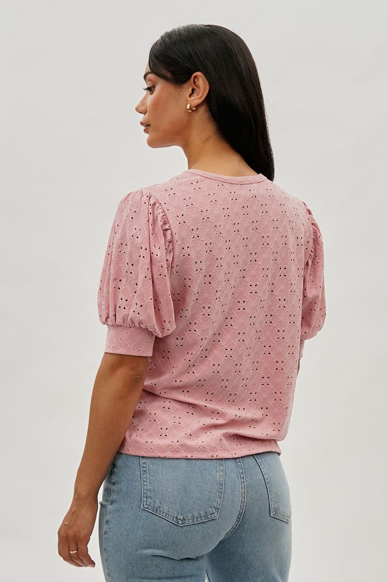 Beechers Brook Eyelet Detail Puff Sleeve Blouse - Pink - Womens Shirts & Blouses - Fairweather