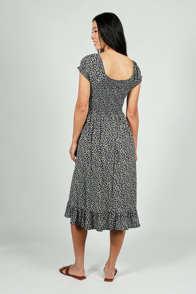 Beechers Brook Floral Short Sleeve Tiered Midi Dress - Black - Womens Midi Dresses - Fairweather