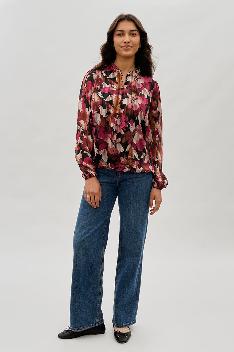Costa Blanca Floral Ruffle Neck Blouse - Burgundy - Womens Shirts & Blouses - Fairweather