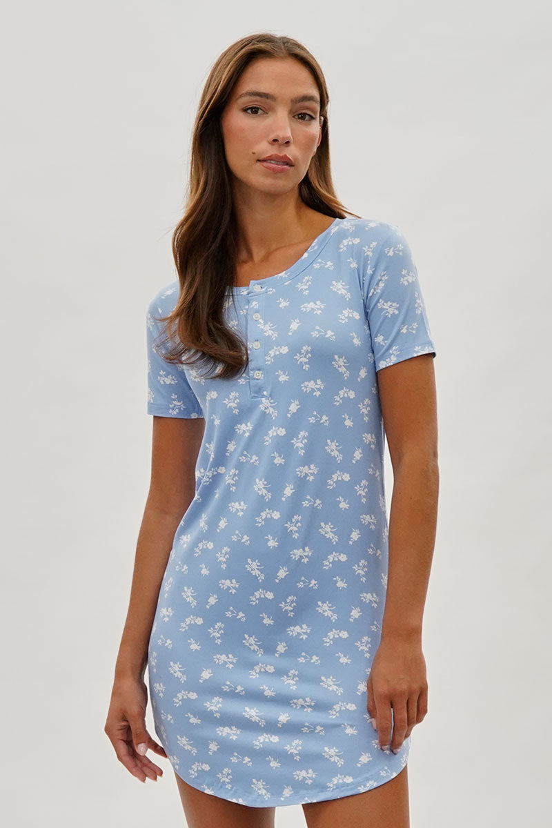 Runaway Bay Floral Short Sleeve Henley Day Dress - Blue - Womens Day Dresses - Fairweather