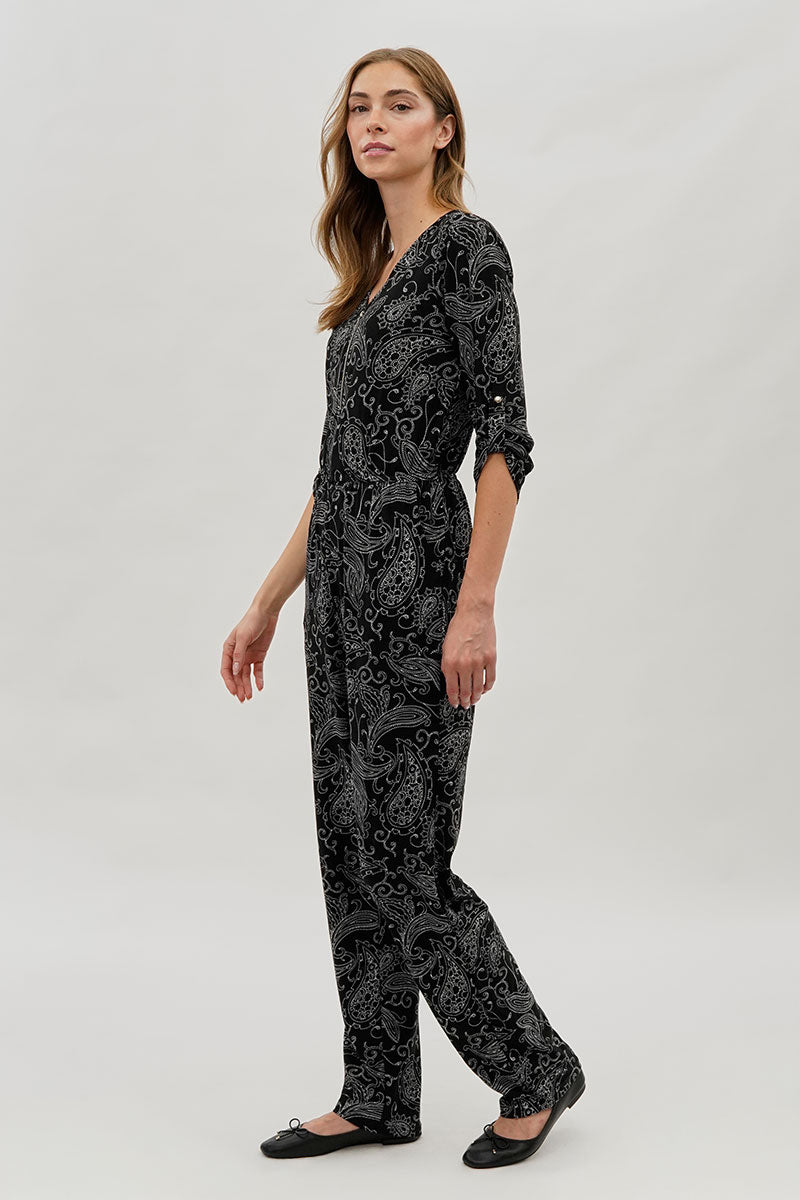 International INC Company Paisley Print Half Zip Jumpsuit - Black - Womens Jumpsuits & Rompers - Fairweather