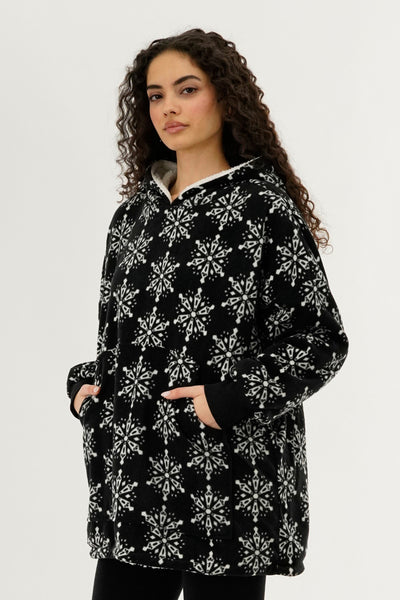 Canada Weather Gear Festive Print Oversided Hooded Pajama Top - Black - Womens Pajamas - Fairweather