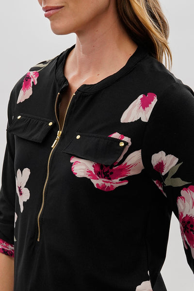 International INC Company Floral 1/4 Zip Shirt - Black - Womens Shirts & Blouses - Fairweather