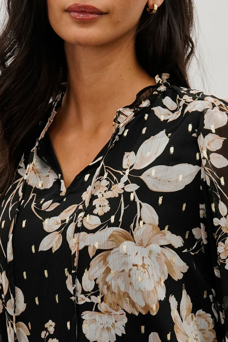 Beechers Brook Floral Tie-Neck Long Sleeve Blouse - Black - Womens Shirts & Blouses - Fairweather