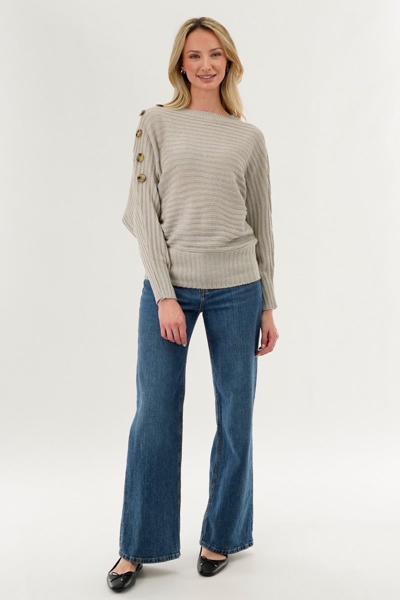 International INC Company Ribbed Button Detail Pullover Sweater - Taupe - Womens Pullover Sweaters - Fairweather