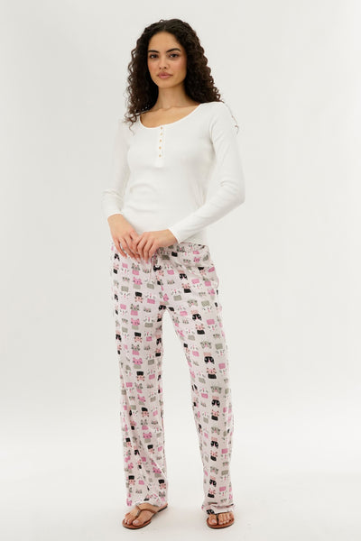 Canada Weather Gear Cat Print Wide Let Pajama Pants - Blush - Womens Pajamas - Fairweather