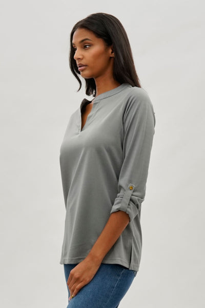 Costa Blanca Split Neck Roll Up Sleeve Blouse - Grey - Womens Shirts & Blouses - Fairweather