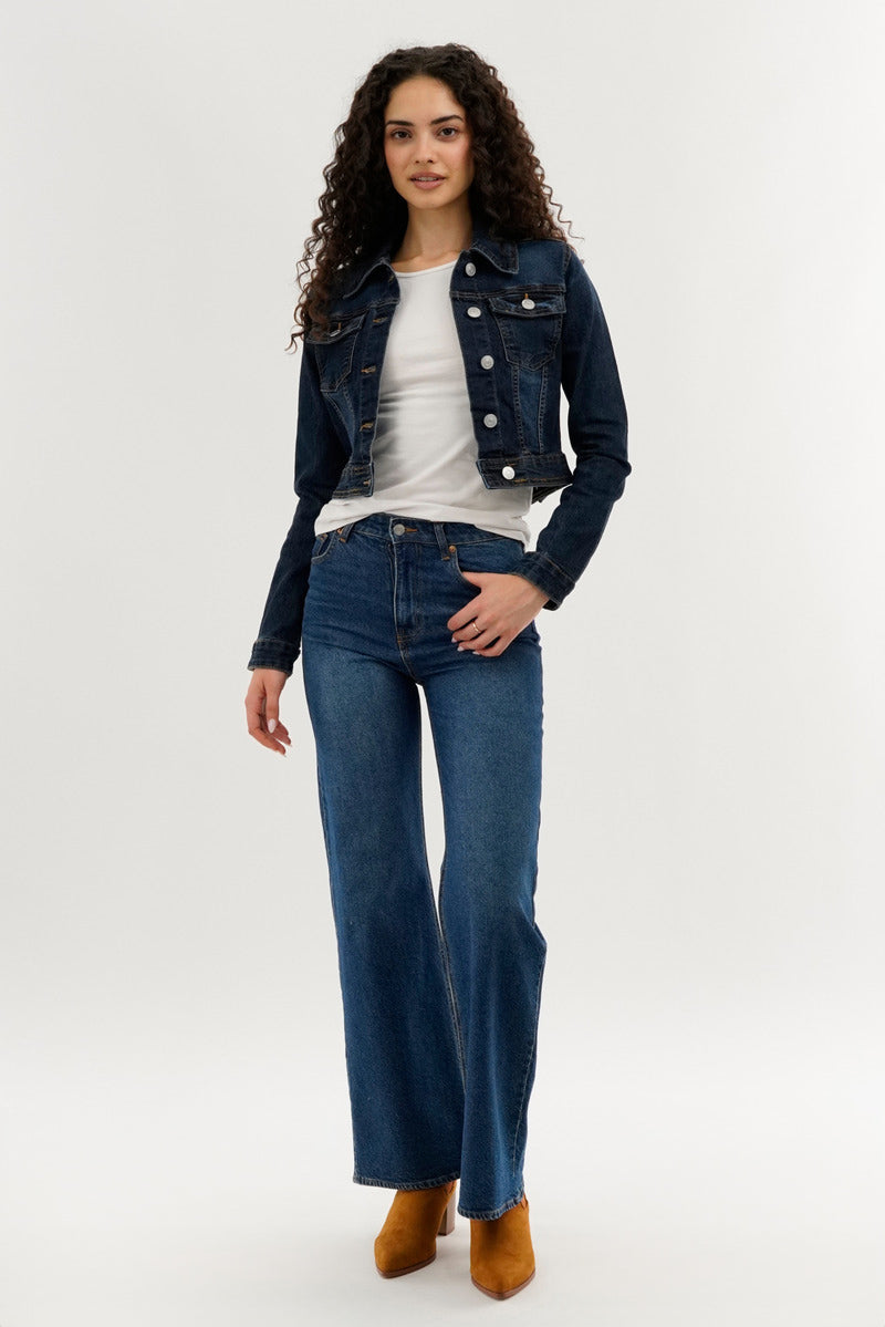 New Look Cropped Button Down Denim Jacket - Navy