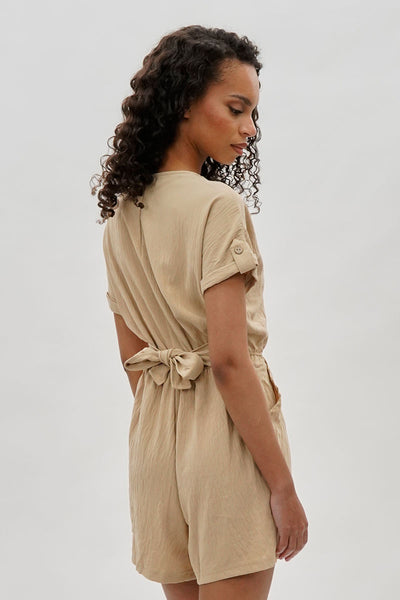 Stylexchange Vintage Back Tie Button Up Romper - Beige - Womens Jumpsuits & Rompers - Fairweather