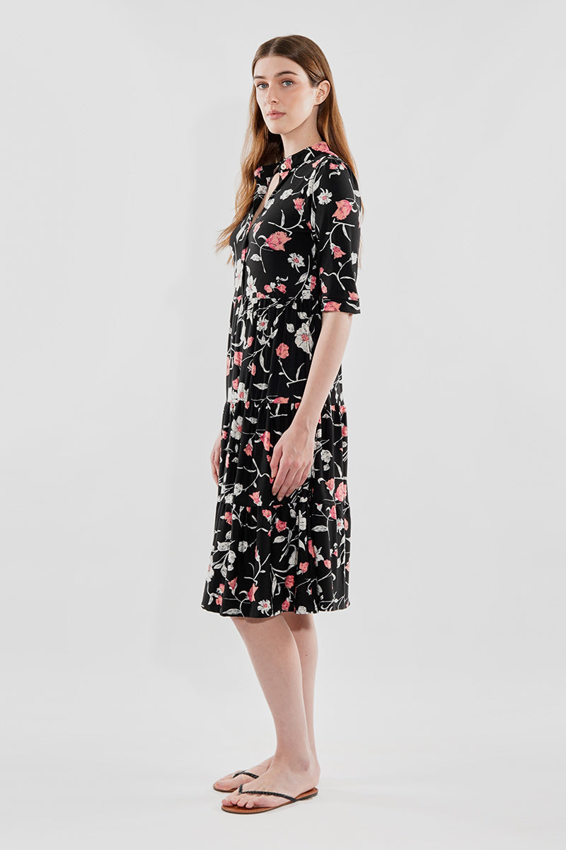 International INC Company Floral Tiered Henley Day Dress - Black
