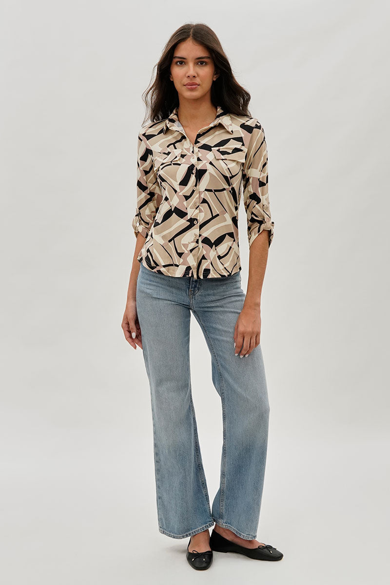 International INC Company Patterned Button Up Shirt - Beige - Womens Shirts & Blouses - Fairweather