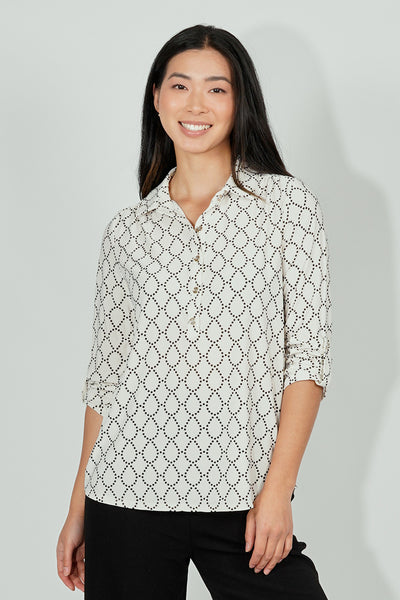 Beechers Brook Patterned Button Down Roll Up Sleeve Blouse - White - Womens Shirts & Blouses - Fairweather
