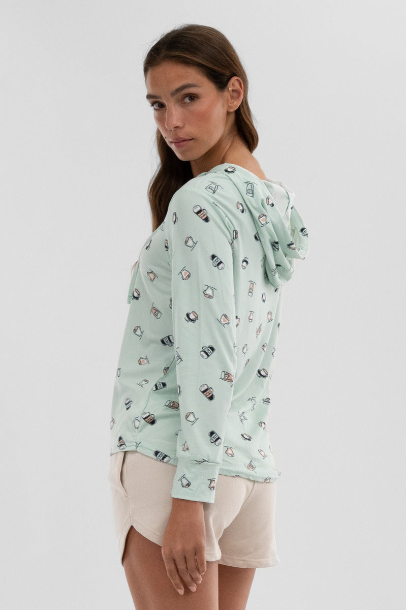 Canada Weather Gear Coffee Print Hooded Pajama Top - Mint - Womens Pajamas - Fairweather
