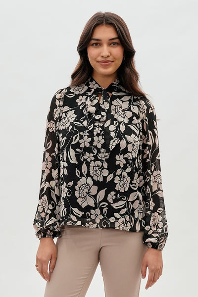 Beechers Brook Floral Tie-Neck Chiffon Blouse - Black - Womens Shirts & Blouses - Fairweather