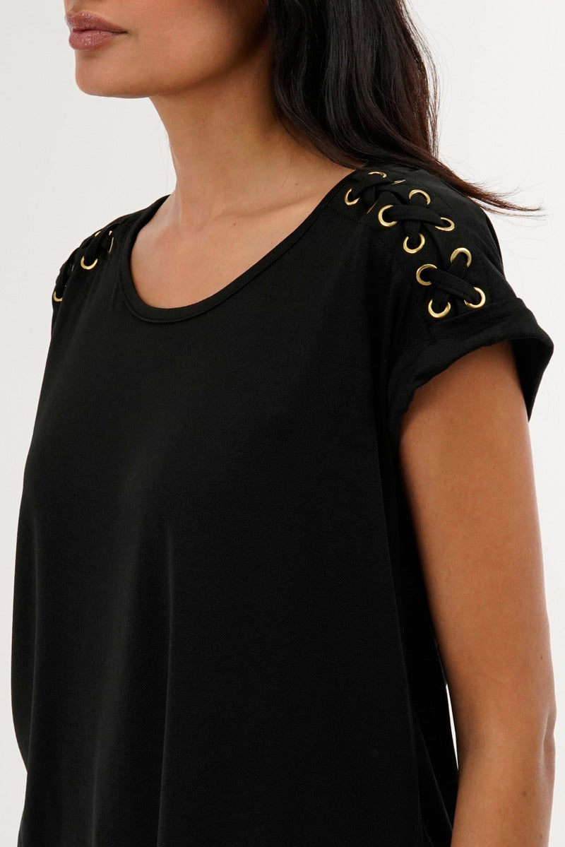 International INC Company Shoulder Lace Up Tee - Black - Womens Tees & Tank Tops - Fairweather