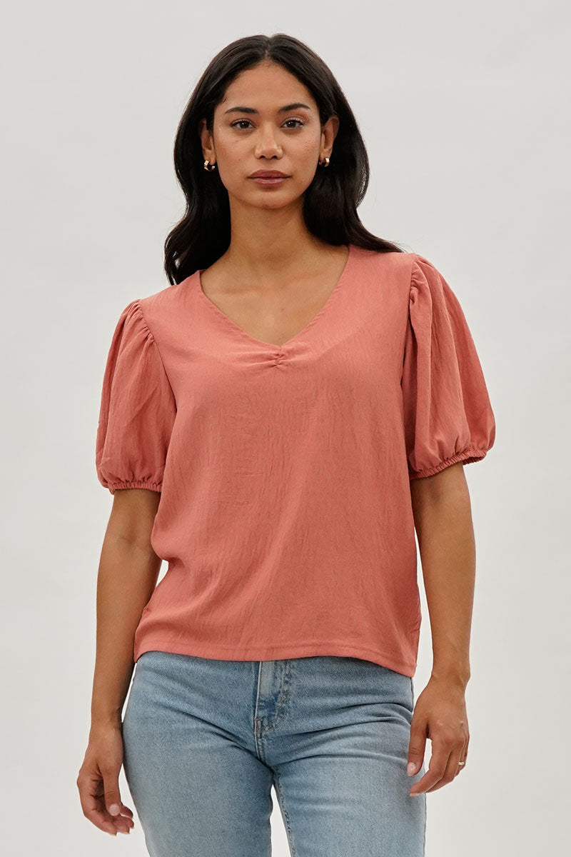Stylexchange Vintage Puff Sleeve V-Neck Blouse - Coral - Womens Shirts & Blouses - Fairweather
