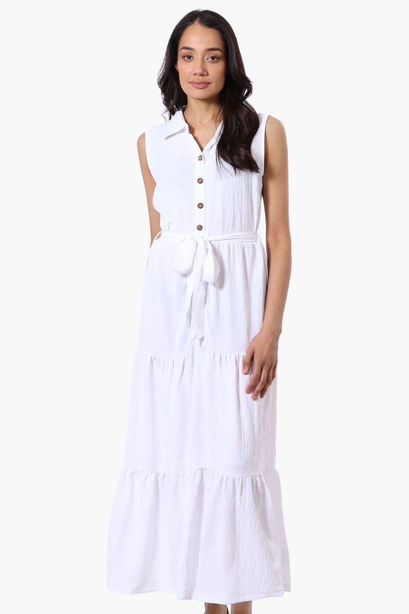 Stylexchange Belted Tiered Front Button Maxi Dress - White - Womens Maxi Dresses - Fairweather