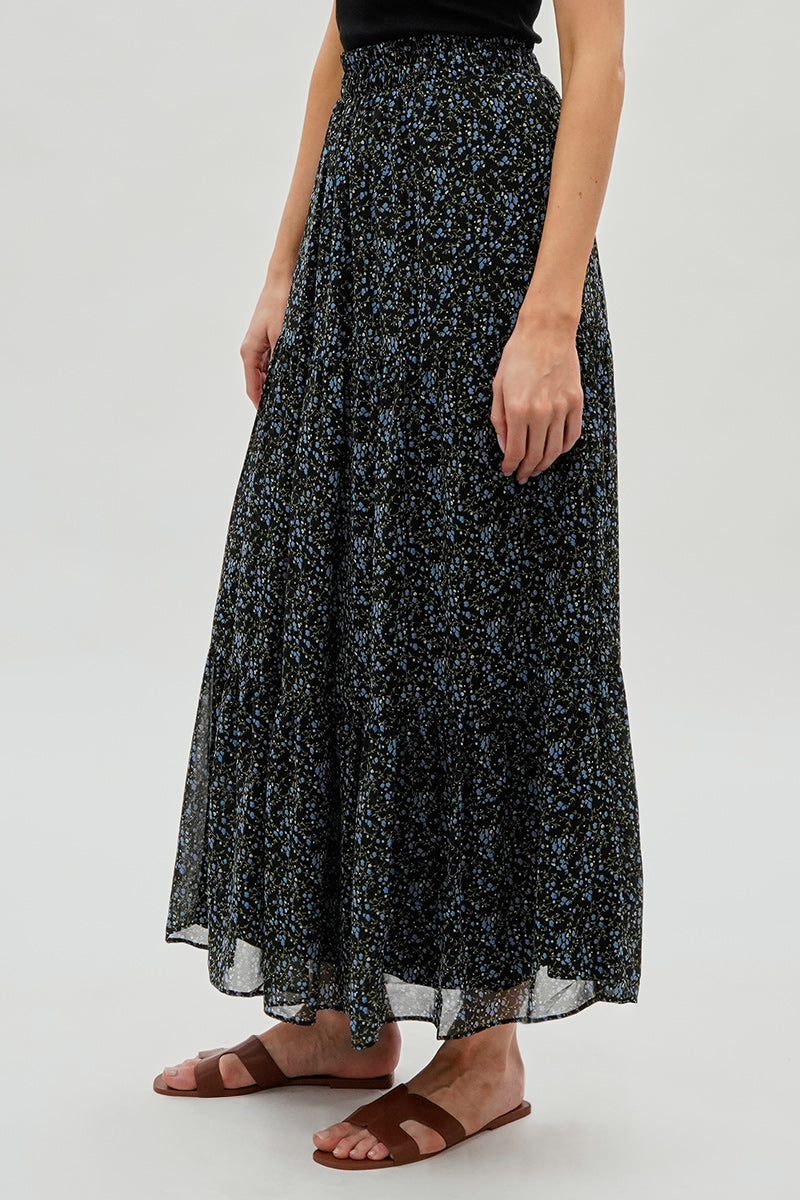 Costa Blanca Floral Tiered Chiffon Maxi Skirt - Black - Womens Skirts - Fairweather
