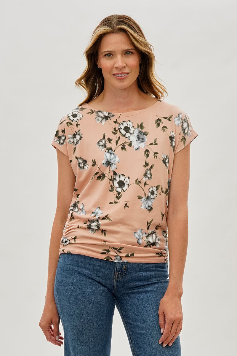 International INC Company Floral Ruched Side Blouse - Peach - Womens Shirts & Blouses - Fairweather