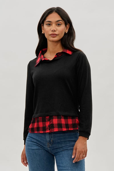 International INC Company Plaid Collared Pullover Sweater - Black - Womens Pullover Sweaters - Fairweather