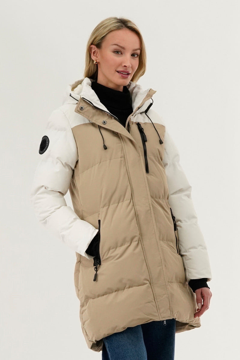 Camada Weather Gear Colour Block Puffer Parka Jacket - Beige - Womens Parka Jackets - Fairweather