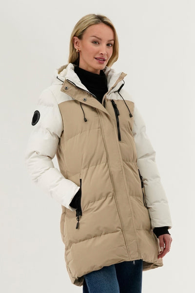 Camada Weather Gear Colour Block Puffer Parka Jacket - Beige - Womens Parka Jackets - Fairweather