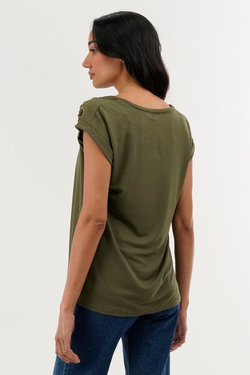 International INC Company Shoulder Lace Up Tee - Olive - Womens Tees & Tank Tops - Fairweather