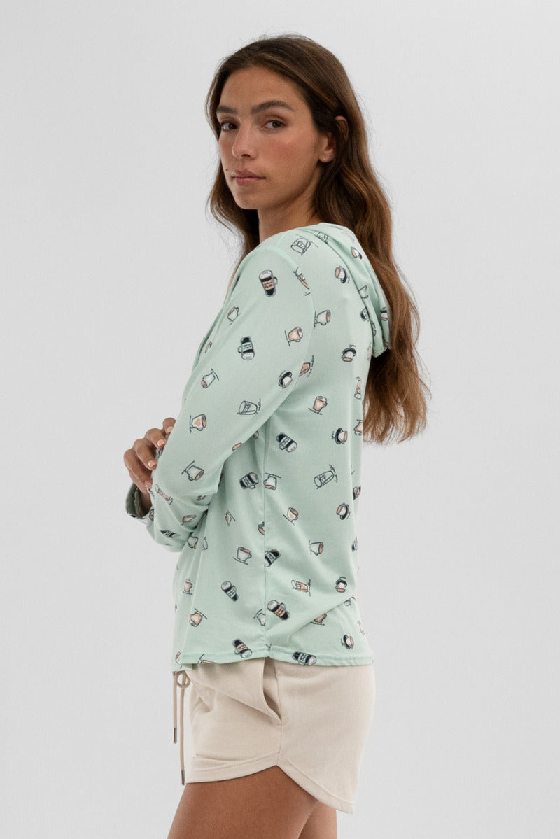 Canada Weather Gear Coffee Print Hooded Pajama Top - Mint - Womens Pajamas - Fairweather