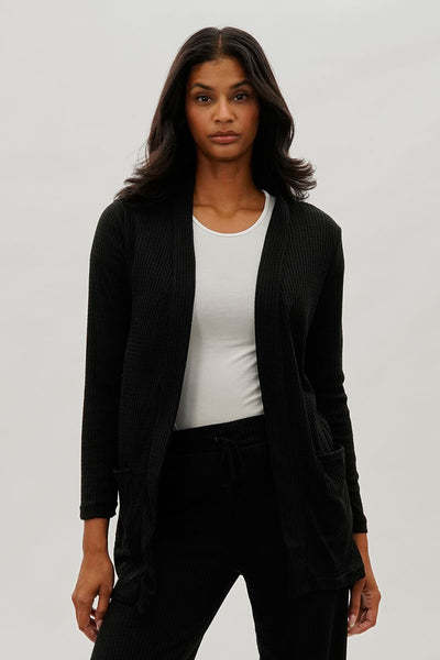 Fahrenheit Open Front Waffle Knit Cardigan - Black - Womens Cardigans - Fairweather