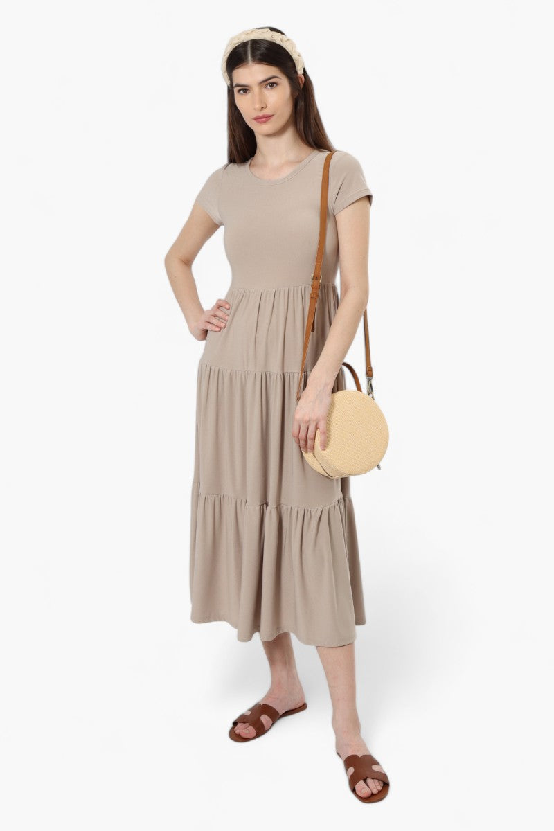 Majora Solid Cap Sleeve Tiered Maxi Dress - Taupe - Womens Maxi Dresses - Fairweather