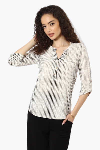 Beechers Brook Polka Dot Roll Up Sleeve Henley Shirt - Cream - Womens Shirts & Blouses - Fairweather