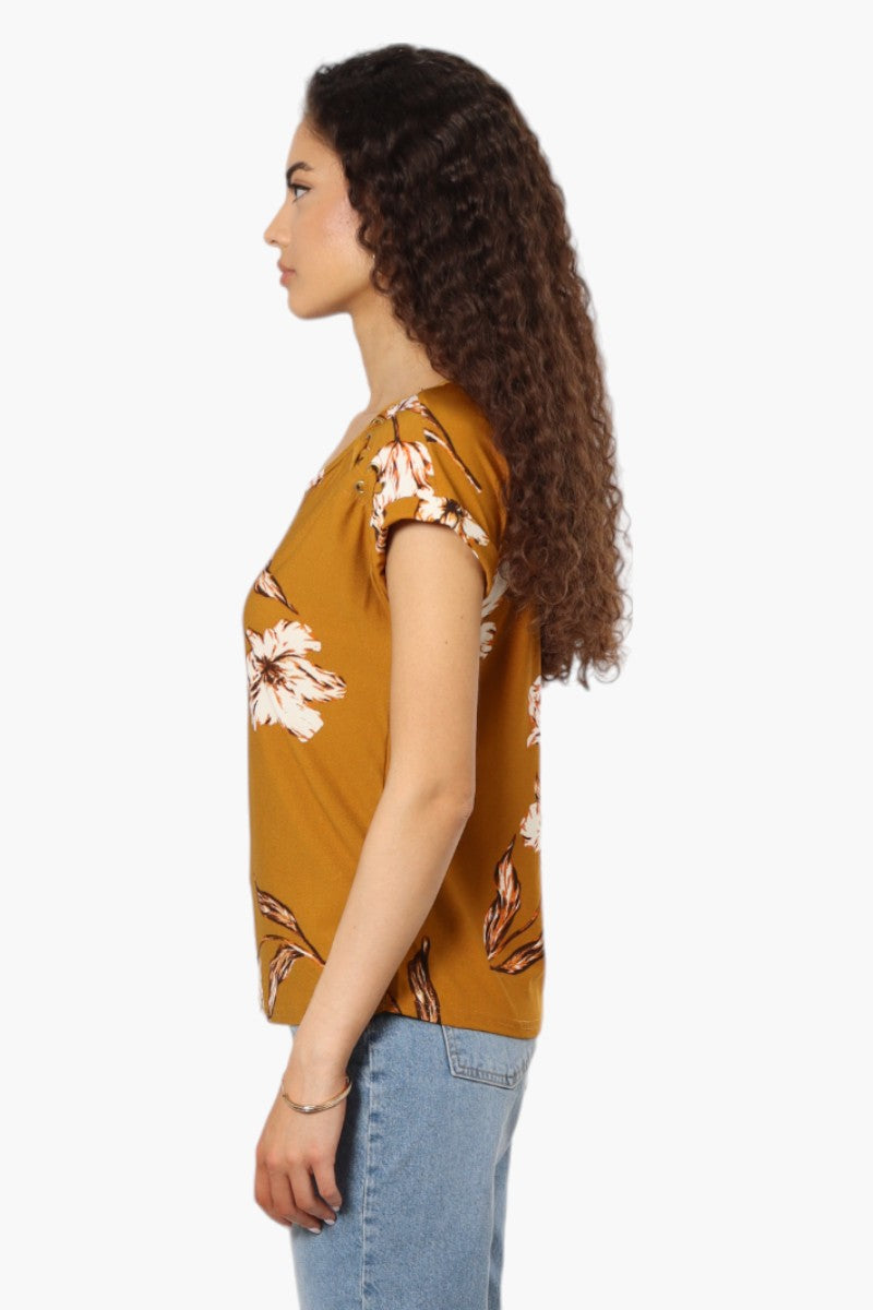 Beechers Brook Floral Pattern Short Sleeve Blouse - Mustard - Womens Shirts & Blouses - Fairweather
