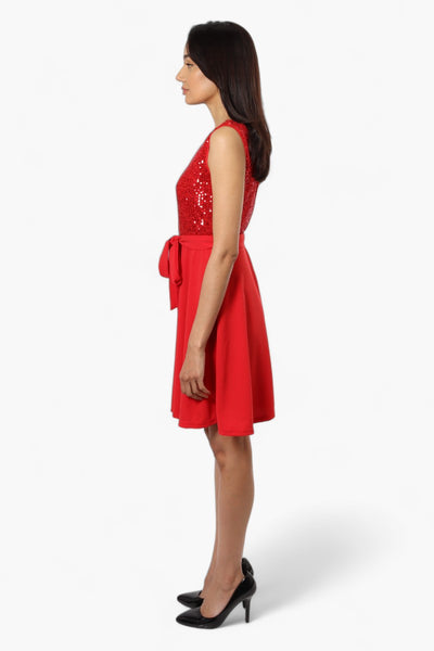 Limite Belted Sequin Top Skater Day Dress - Red - Womens Day Dresses - Fairweather