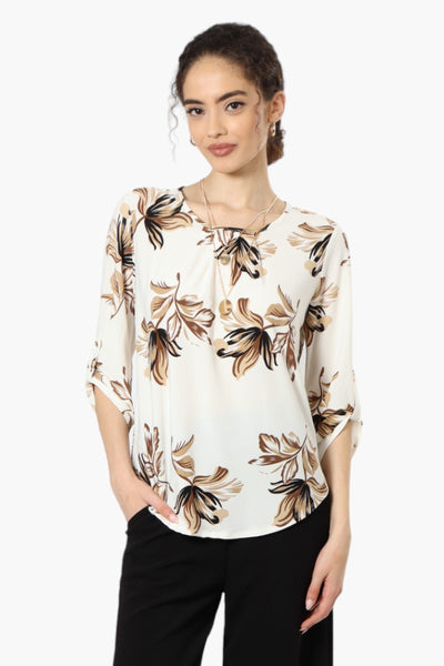 Beechers Brook Floral Roll Up Sleeve Necklace Blouse - Cream - Womens Shirts & Blouses - Fairweather