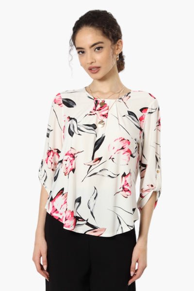 Beachers Brook Floral Roll Up Sleeve Necklace Blouse - White - Womens Shirts & Blouses - Fairweather