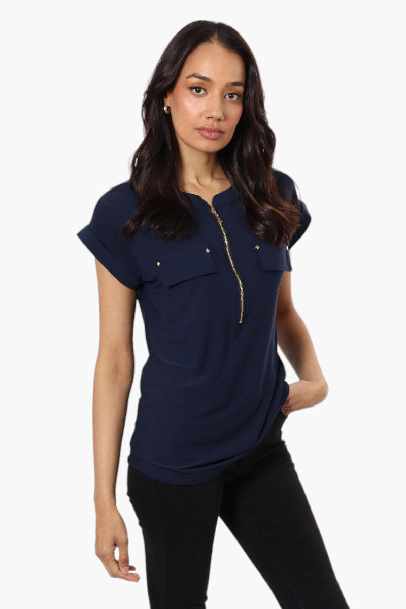 International INC Company Front Zip Cap Sleeve Blouse - Navy - Womens Shirts & Blouses - Fairweather