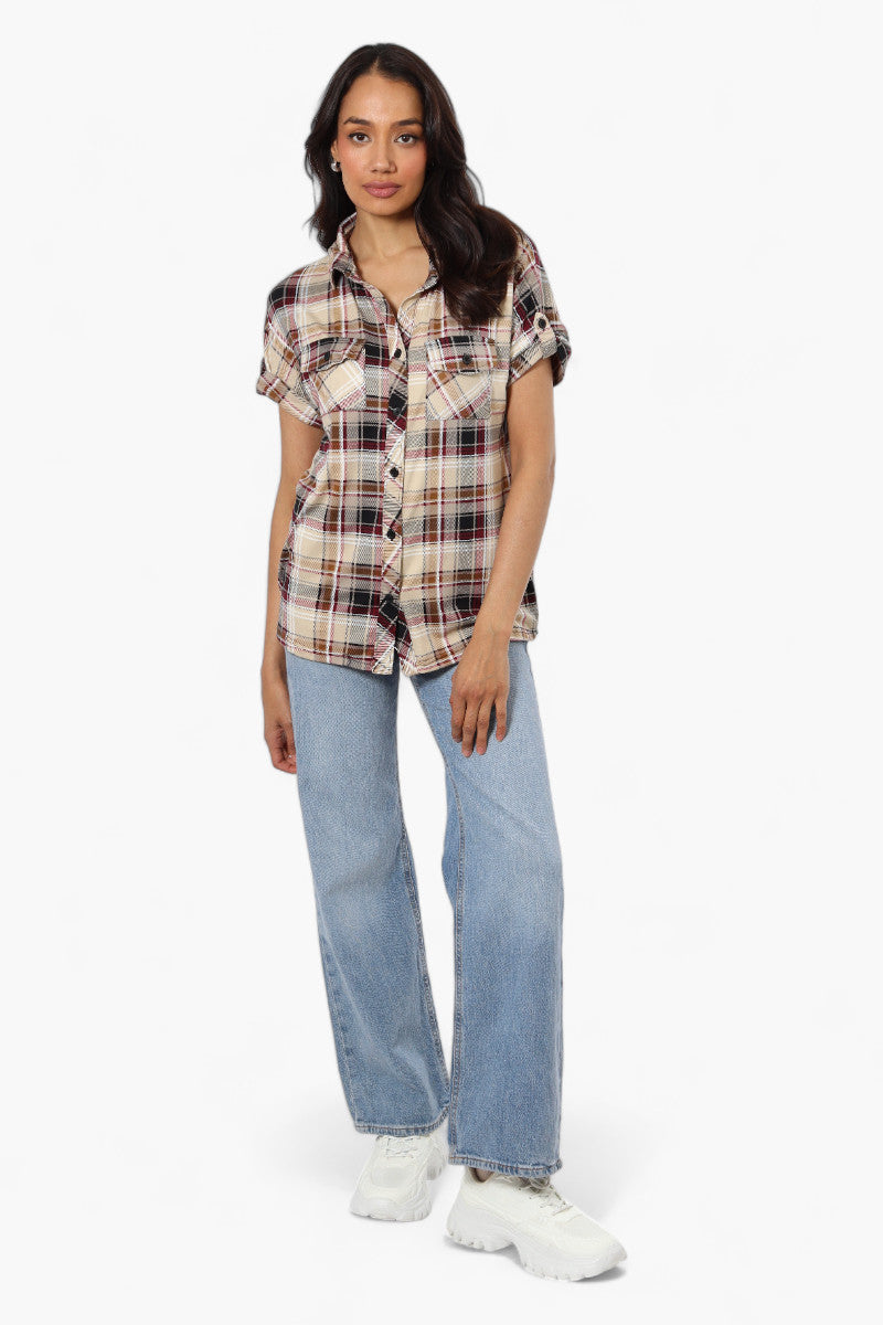 Urbanology Plaid Front Flap Pocket Shirt - Beige - Womens Shirts & Blouses - Fairweather