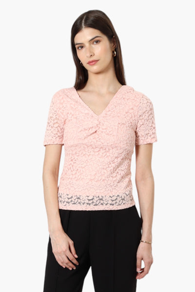 Limite Lace V-Neck Short Sleeve Shirt - Pink - Womens Shirts & Blouses - Fairweather