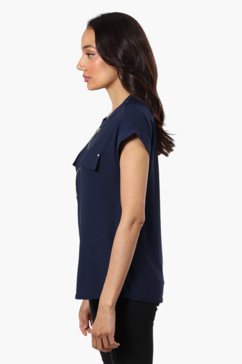 International INC Company Front Zip Cap Sleeve Blouse - Navy - Womens Shirts & Blouses - Fairweather
