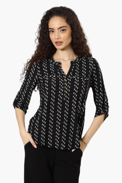 Beechers Brook Striped Roll Up Sleeve Henley Shirt - Black - Womens Shirts & Blouses - Fairweather