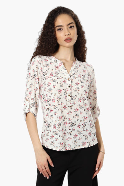 Beechers Brook Floral Roll Up Sleeve Henley Shirt - White - Womens Shirts & Blouses - Fairweather