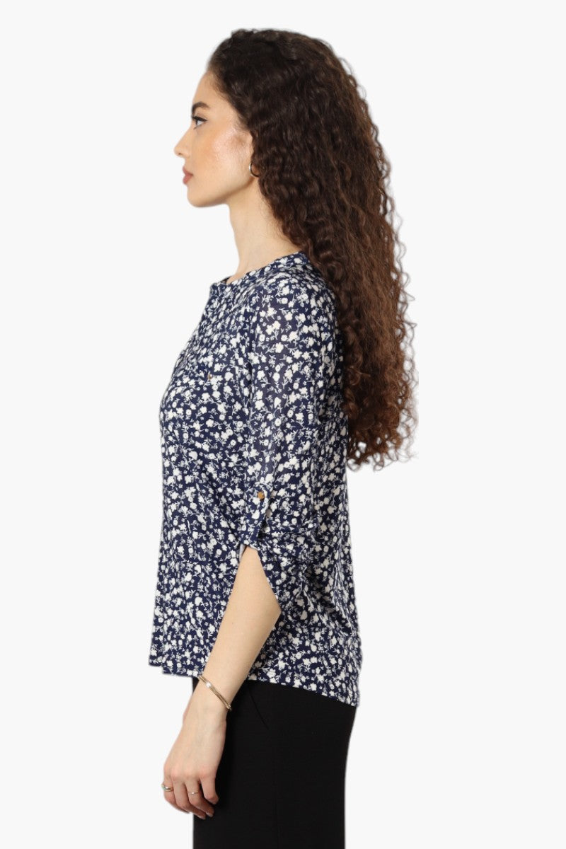 Beechers Brook Floral Roll Up Sleeve Henley Shirt - Navy - Womens Shirts & Blouses - Fairweather