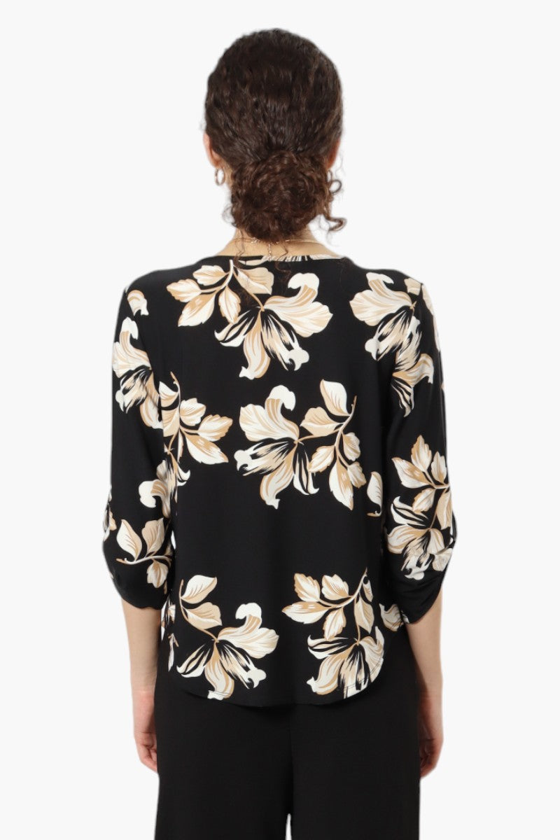 Beechers Brook Floral Roll Up Sleeve Necklace Blouse - Black - Womens Shirts & Blouses - Fairweather